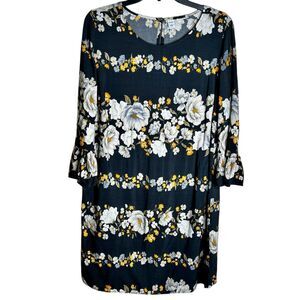Old Navy Floral Shift Dress Sz L Blue Grey 3/4 Bell Sleeves Back Gathers Button